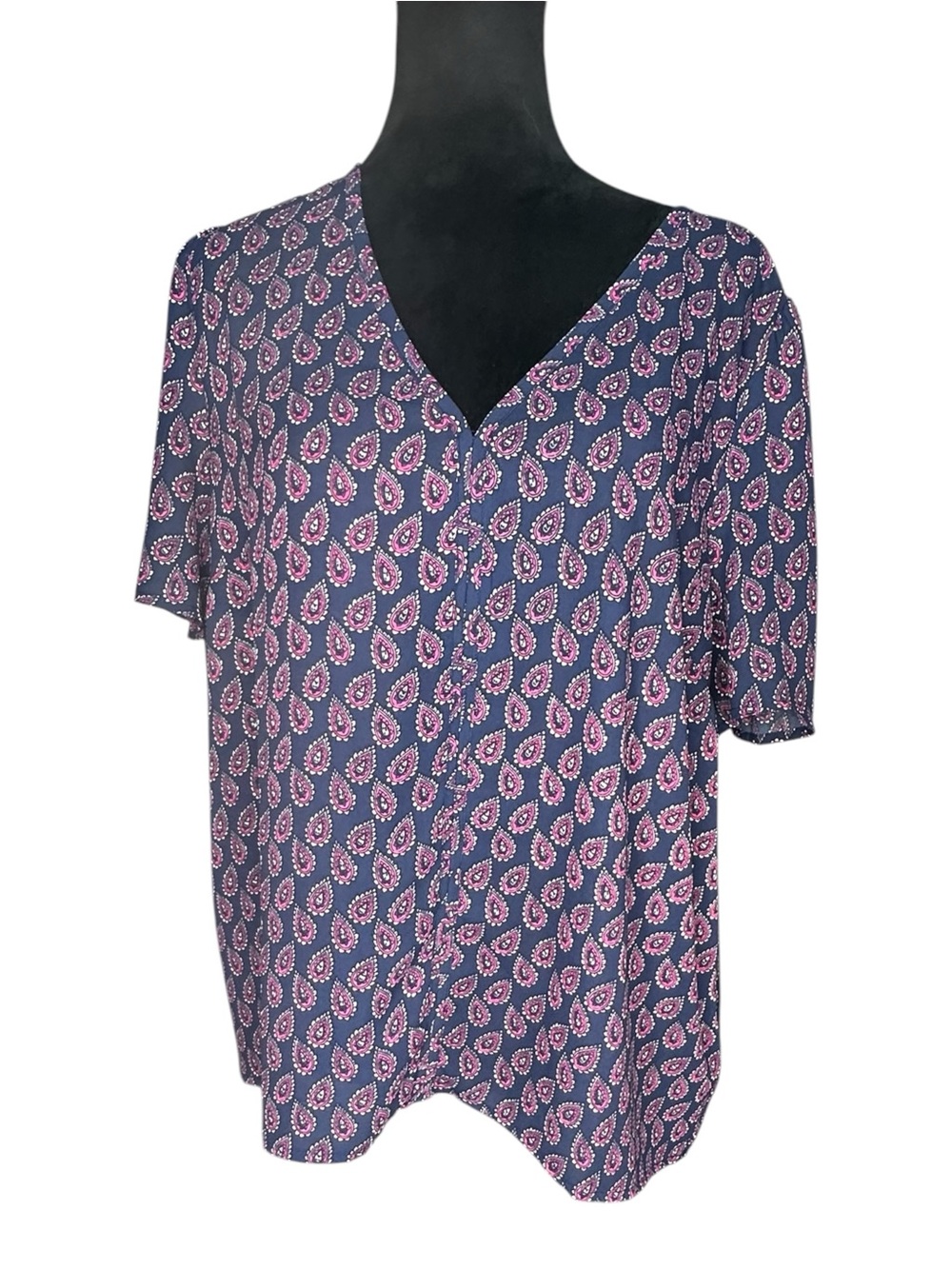 J.Crew Printed V-Neck Top – Blue & Pink Paisley – Size L